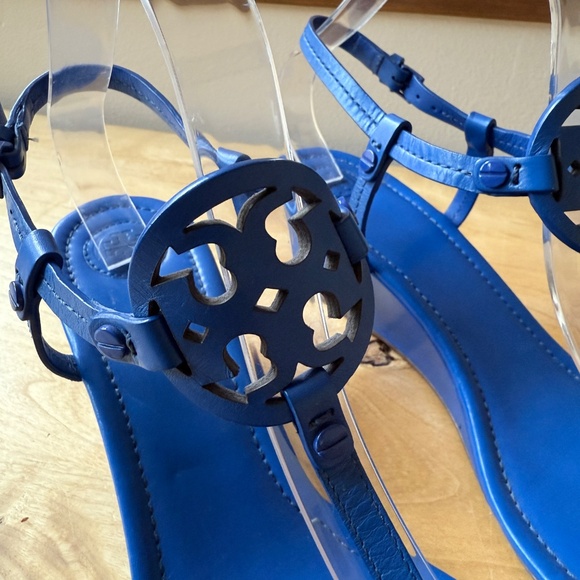 TORY BURCH MILLER WEDGE SANDALS DOUBLE T LOGO T STRAP LEATHER SLINGBACK BLUE 10 - Picture 6 of 12